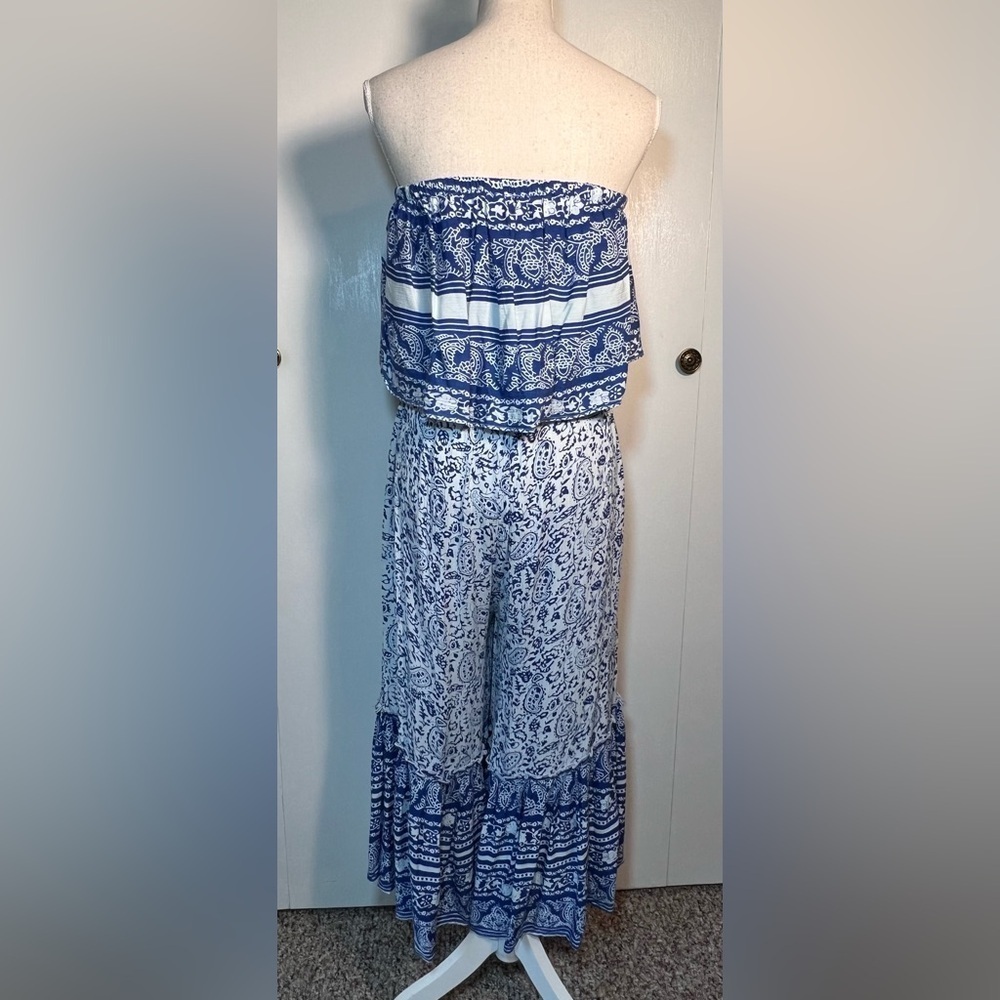 Chelsea Taylor Wide-Leg Strapless Jumpsuit – Size M Blue & White Print - Picture 4 of 9